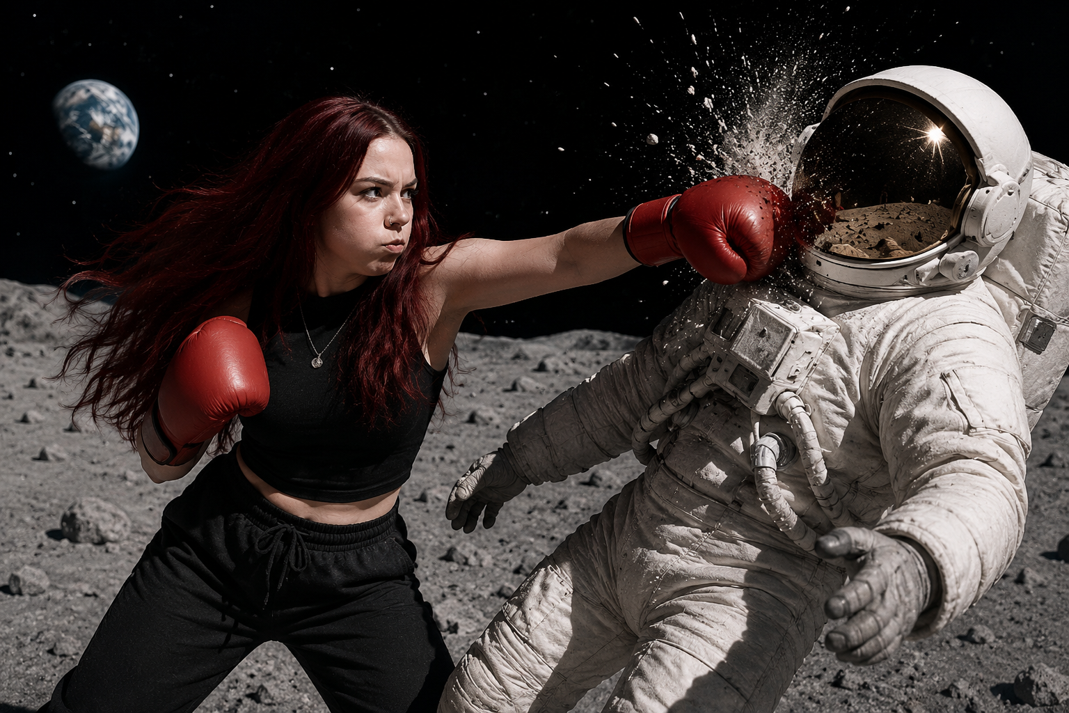 A boxer landing a punch during a lunar exhibition