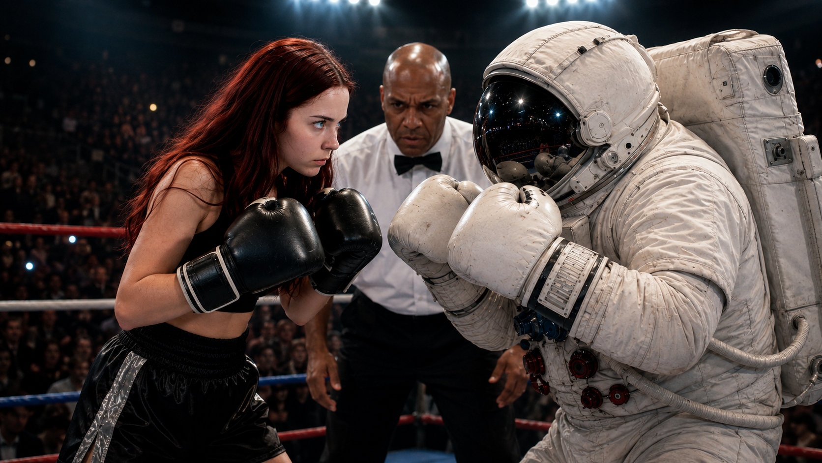 A boxer facing an astronaut in a boxing ring