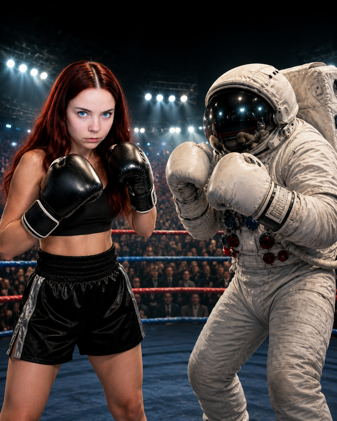 A boxer and an astronaut ready to spar